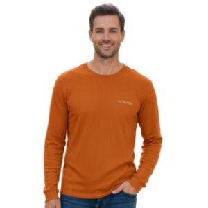 COLUMBIA Long Sleeve Tee with Logo on back, Men’s L, Orange Yellow